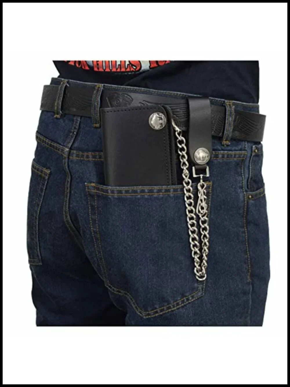 Men's Full-Grain Leather Long Bifold Biker Wallet with Stainless Steel Chain